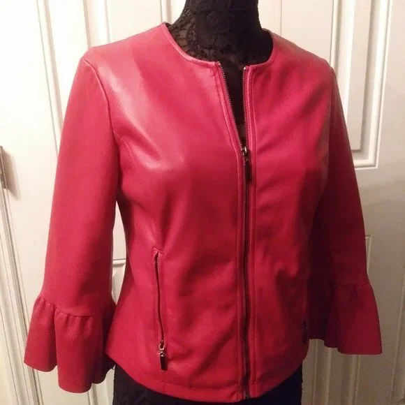 Red Faux Leather Pleather Jacket Collarless Ruffle Sleeve Alfani Petite Medium - Picture 6 of 10